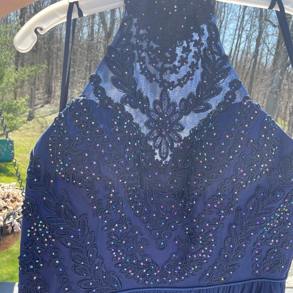 Navy blue halter prom dress. - Picture 2 of 9